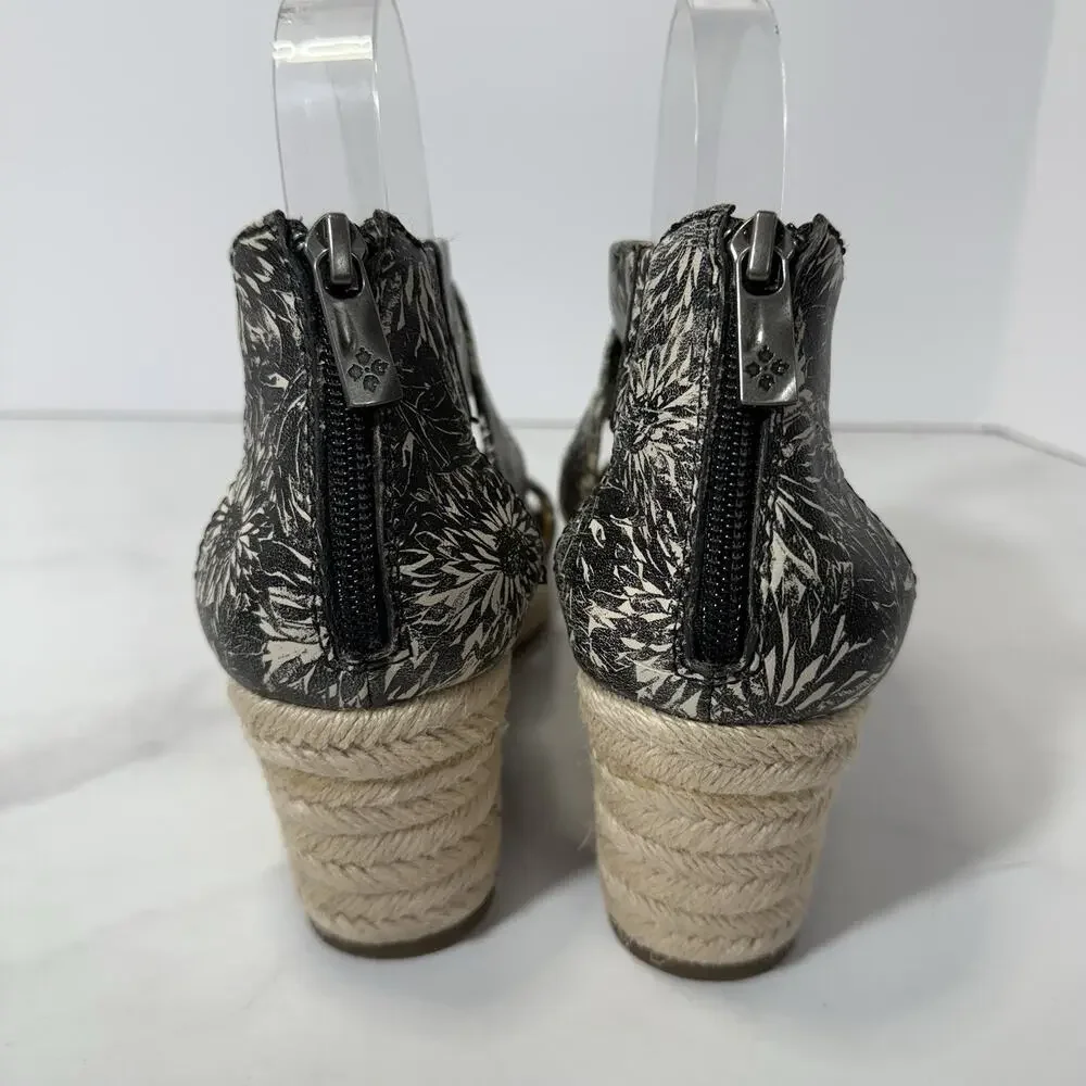 PATRICIA NASH Rubia Jute Wedge Sandal Size 6.5M Black Floral Leather Strappy EUC
